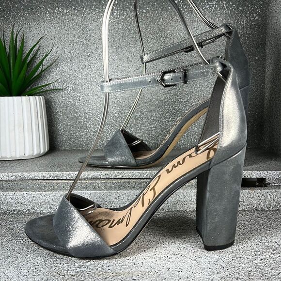 SAM EDELMAN | Yaro Ankle Strap Block Heel Sandals Metallic Pewter Size 9 - Picture 2 of 9